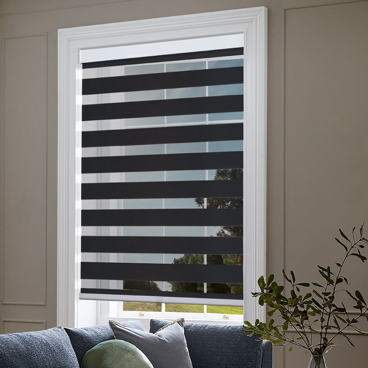 Zebra Cordless Window Blinds, Dual Layered Light Filtering Roller Shades, Easy Install Blinds, Indoor Home Decor, Pull-Down Shades for Windows, Light Control for Day & Night, White, 66"W X 72"H
