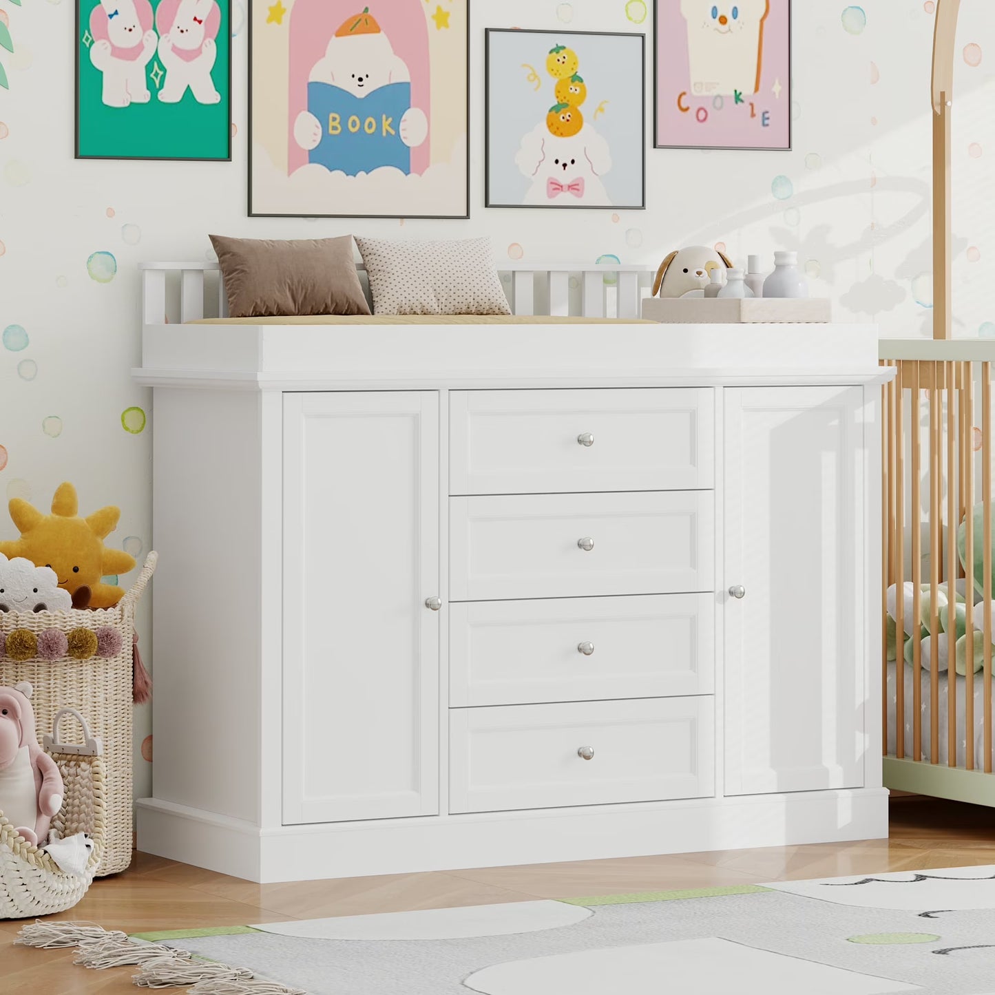 OXYLIFE 45" Baby Nursery Changing Table Dresser with 4 Drawers and Shelf for Nursery Room, White