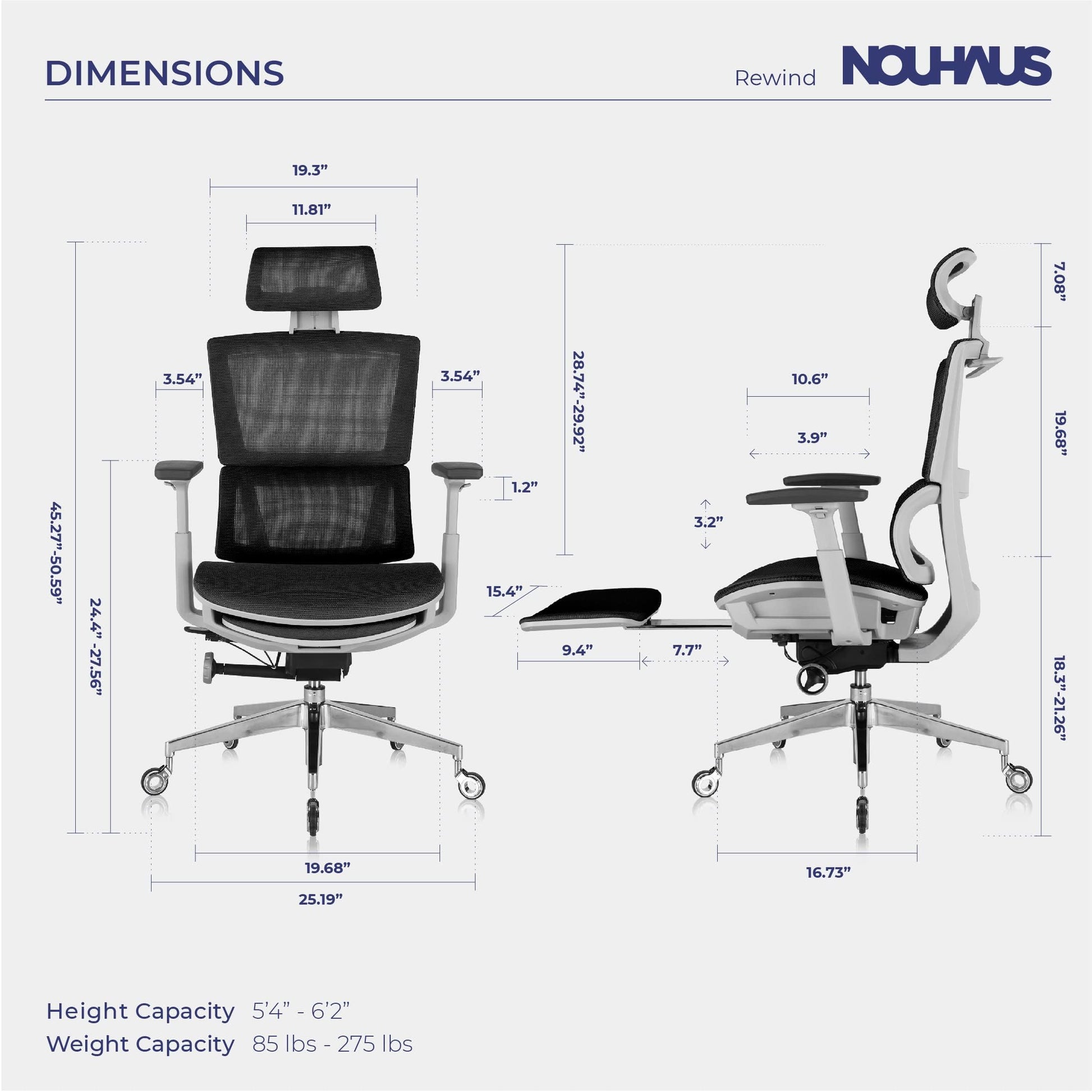 Nouhaus Rewind Ergonomic Office Chair with Footrest and Lumbar Support. Swivel Computer Chair, Rolling Home Office Desk Chairs with Wheels, Mesh High Back Task Chair, Comfortable Office Chair