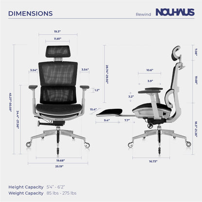Nouhaus Rewind Ergonomic Office Chair with Footrest and Lumbar Support. Swivel Computer Chair, Rolling Home Office Desk Chairs with Wheels, Mesh High Back Task Chair, Comfortable Office Chair
