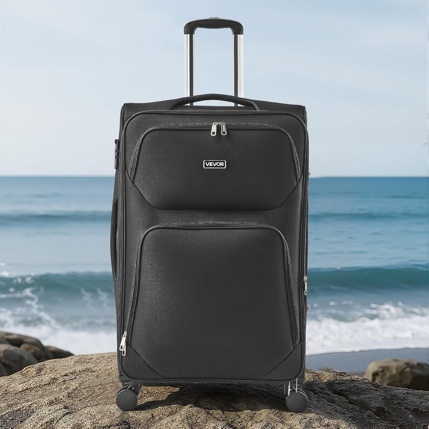 Softside Expandable Luggage with Spinner Wheels, 28-Inch Softside Checked Large Luggage, Lightweight Checked Suitcase with Expandable Zippered Pocket and TSA Lock, Black