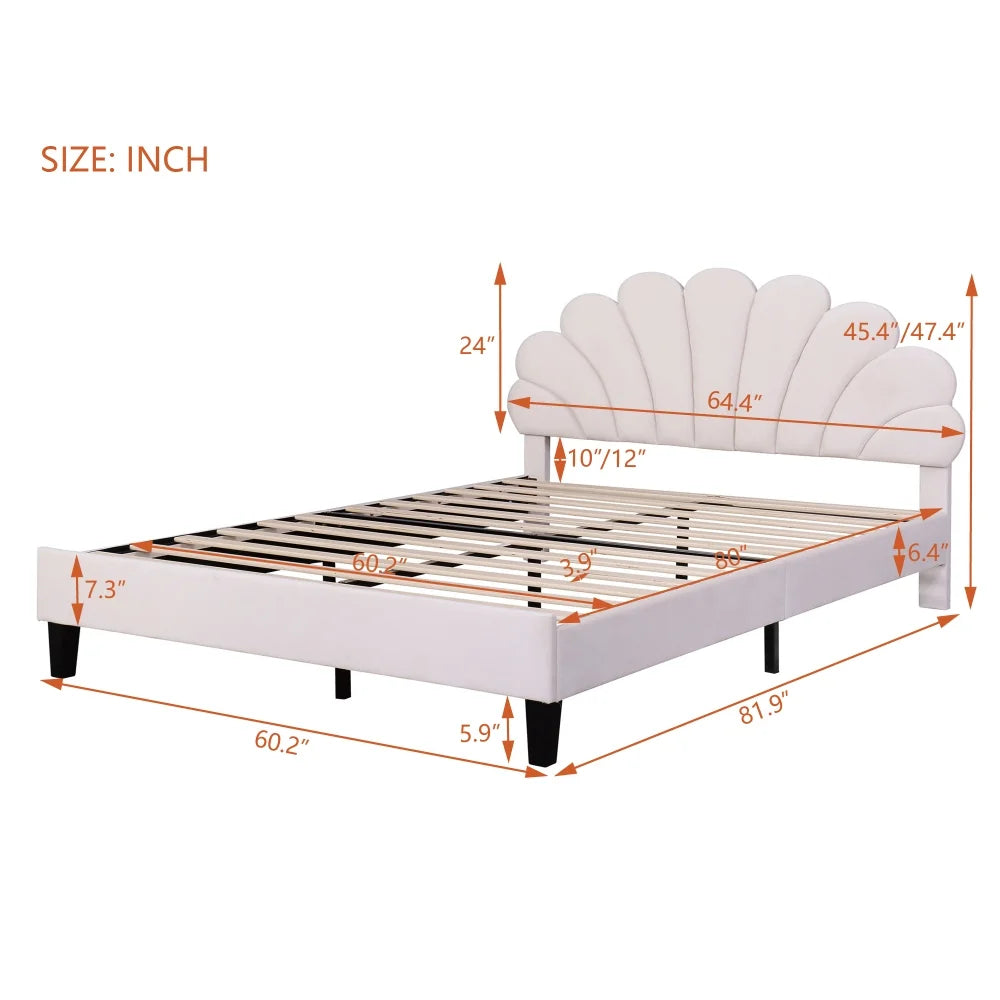 Queen Size Upholstered Platform Bed with Flower Headboard,Velvet Bed Frame for Kids Boys Girls,Beige