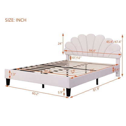 Queen Size Upholstered Platform Bed with Flower Headboard,Velvet Bed Frame for Kids Boys Girls,Beige