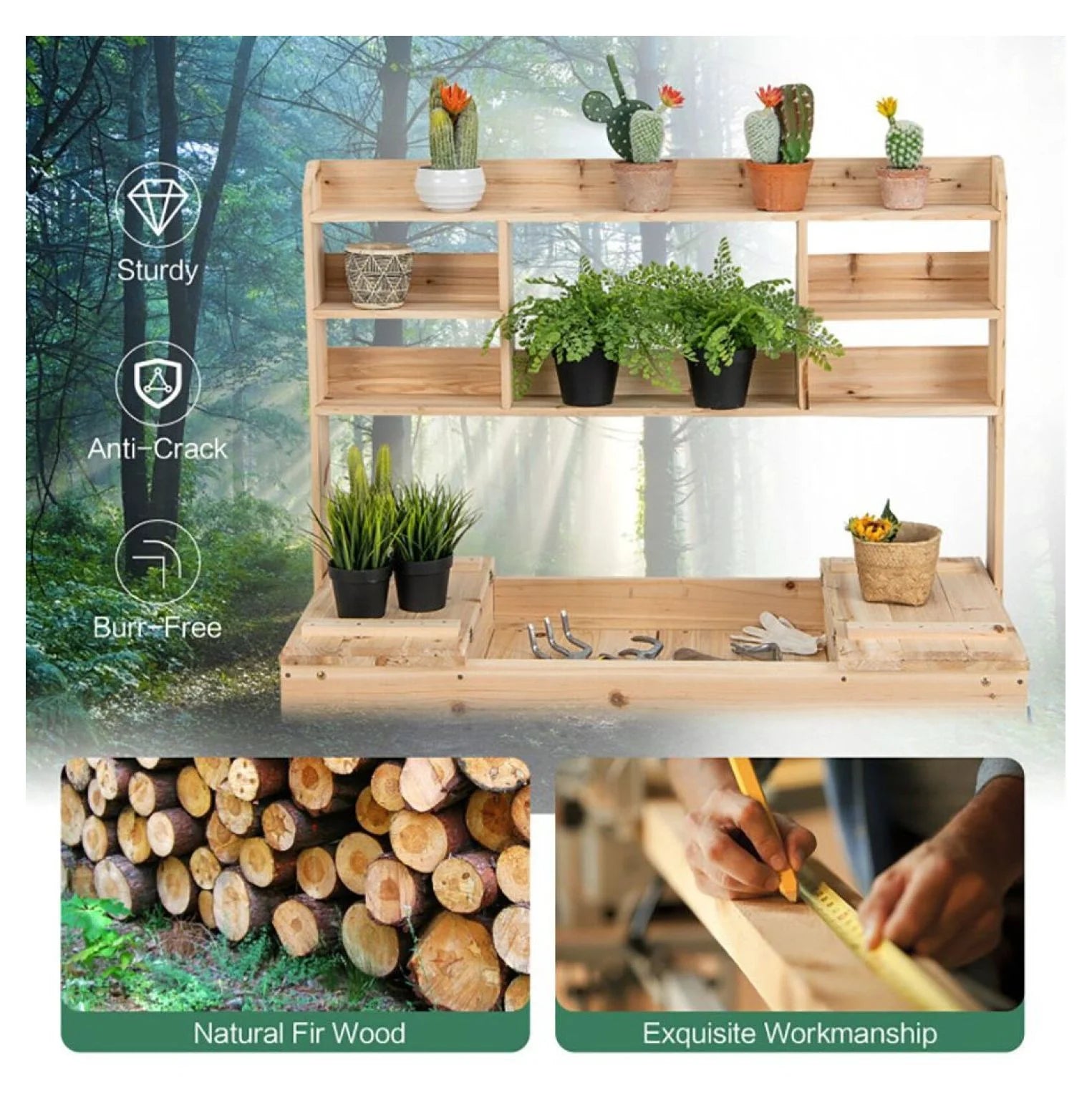 Garden Potting Bench Table with Display Rack & Sink - Outdoor Workstation for Plants, Tools & Gardening - Fir Wood - 43.5" x 19.5" x 60.5"