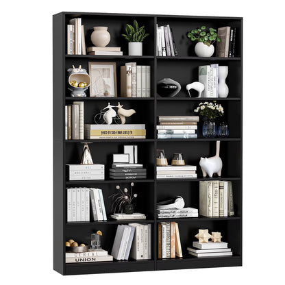 Homfa 74.3° Double Wide 6-Tier Bookcase, Extra Large Wooden Freestanding Display Bookshelf for Home Office Living Room, White