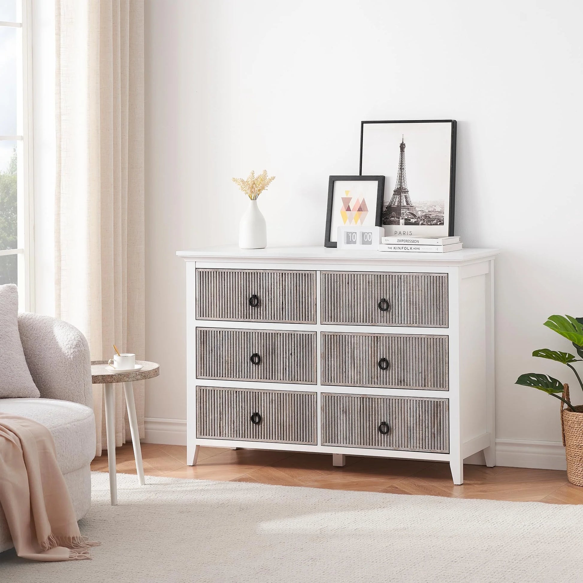 Homhougo White Dresser for Bedroom 6 Drawer, Wood Organizer Storage Cabinet with Gray Strip Drawer Door, Chest of Drawers for Closet, Living Room, Hallway, Nursery, Kids Bedroom