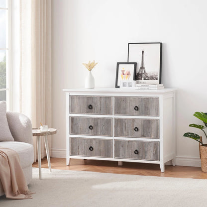 Homhougo White Dresser for Bedroom 6 Drawer, Wood Organizer Storage Cabinet with Gray Strip Drawer Door, Chest of Drawers for Closet, Living Room, Hallway, Nursery, Kids Bedroom
