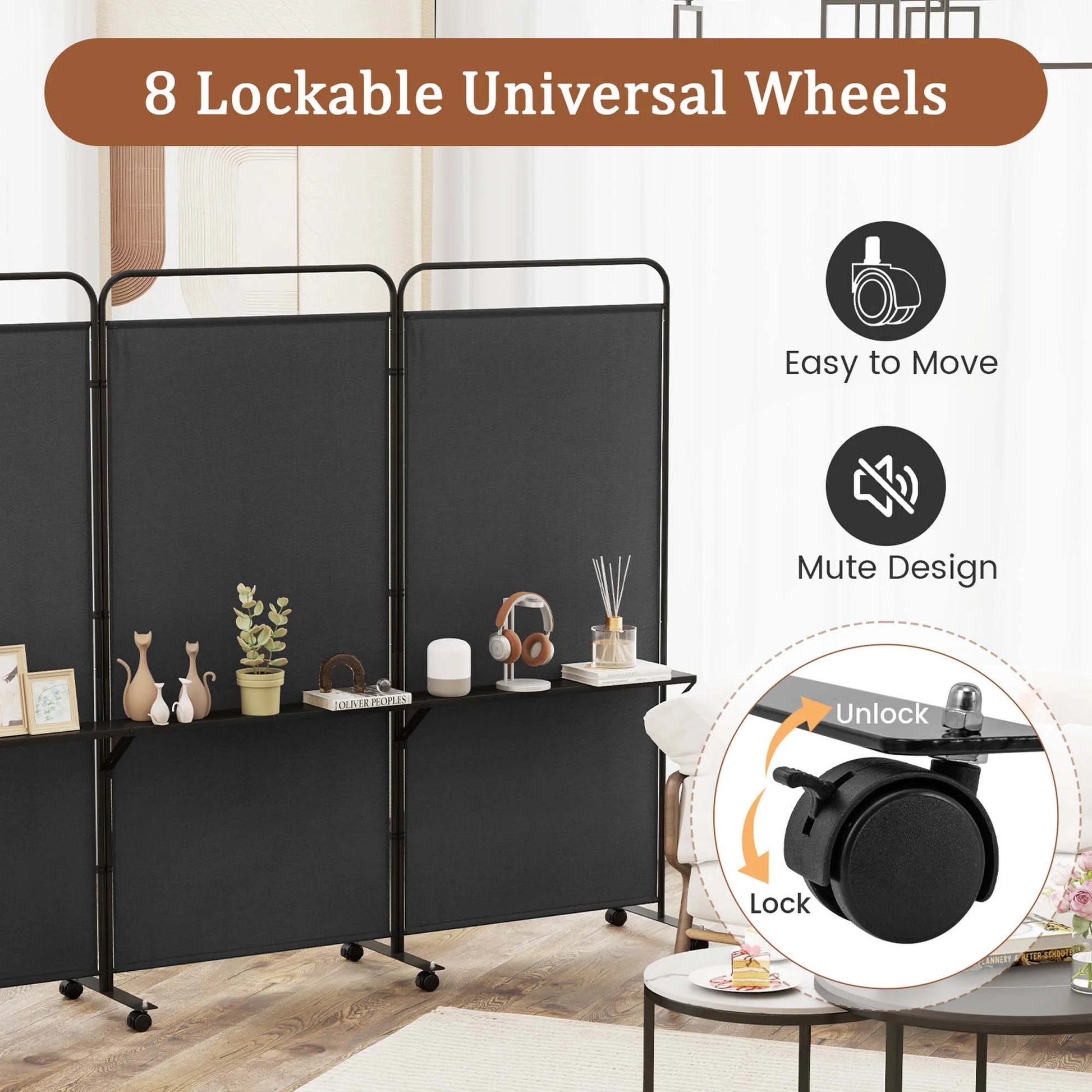 Costway 3-Panel Room Divider with Storage Shelves 6FT Tall Folding Privacy Screen on Wheels Black