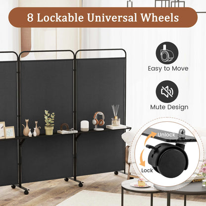 Costway 3-Panel Room Divider with Storage Shelves 6FT Tall Folding Privacy Screen on Wheels Black
