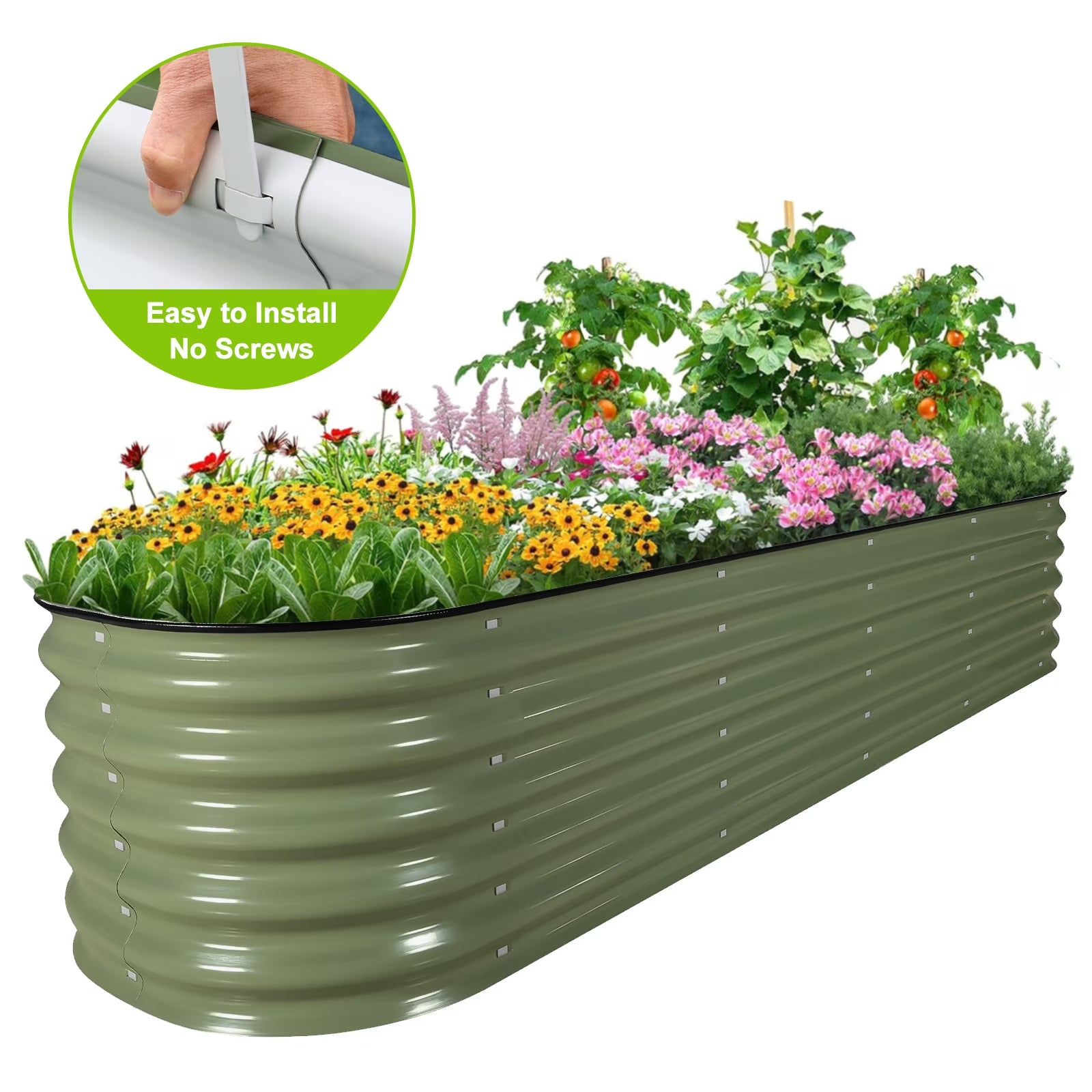 HOOFUN 17" Tall Metal Raised Garden Bed, 9 in 1 Garden Raised 8ftX2ft Garden Bed Kits for Vegetables Flowers, Oval Outdoor Planter Box w/6 Support Bars - Olive Green