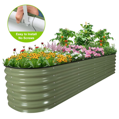 HOOFUN 17" Tall Metal Raised Garden Bed, 9 in 1 Garden Raised 8ftX2ft Garden Bed Kits for Vegetables Flowers, Oval Outdoor Planter Box w/6 Support Bars - Olive Green