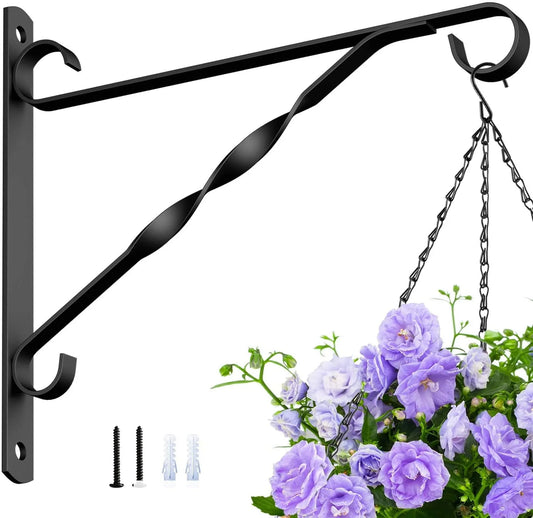 Hanging Plants Bracket 10" Outdoor Hanger Planter Hooks Flower Baskets Pot Wind Chimes Lanterns Hanger,Bird Feeder Patio Garden for Wall Fence Screw Mount Arm Metal Black