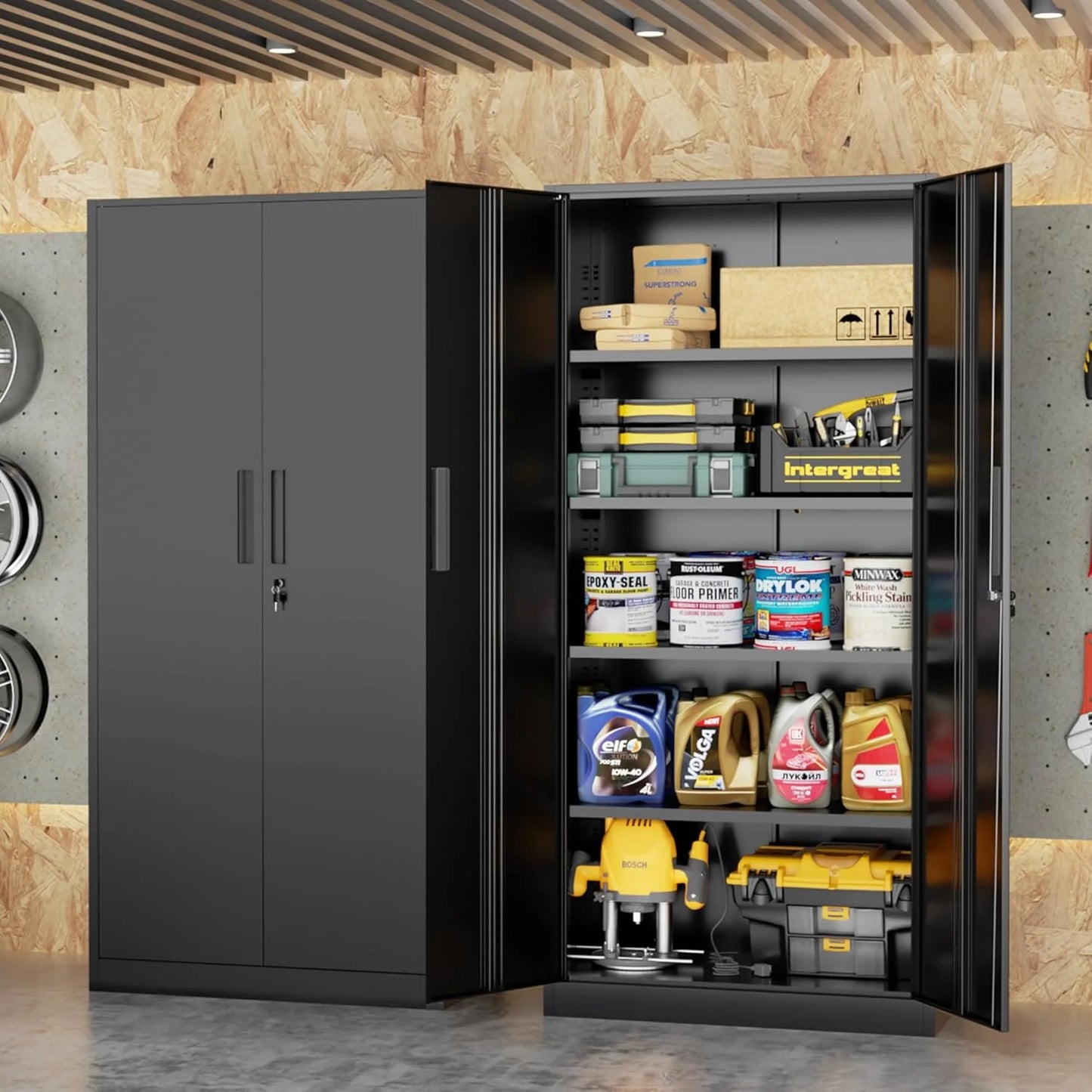 WANBIN 72" Black Metal Storage Cabinet with Lock, 2 Doors & 4 Adjustable Shelves, Tall Steel Cabinet for Home Office, Garage, Warehouse