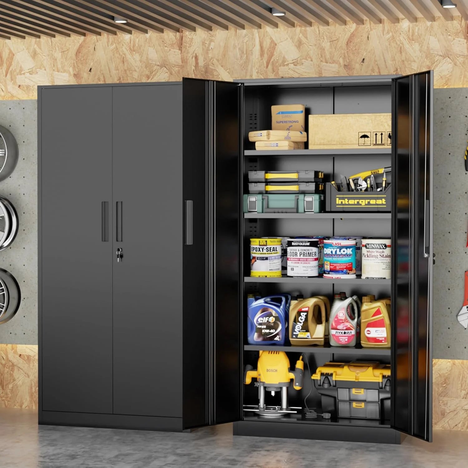 WANBIN 72" Black Metal Storage Cabinet with Lock, 2 Doors & 4 Adjustable Shelves, Tall Steel Cabinet for Home Office, Garage, Warehouse