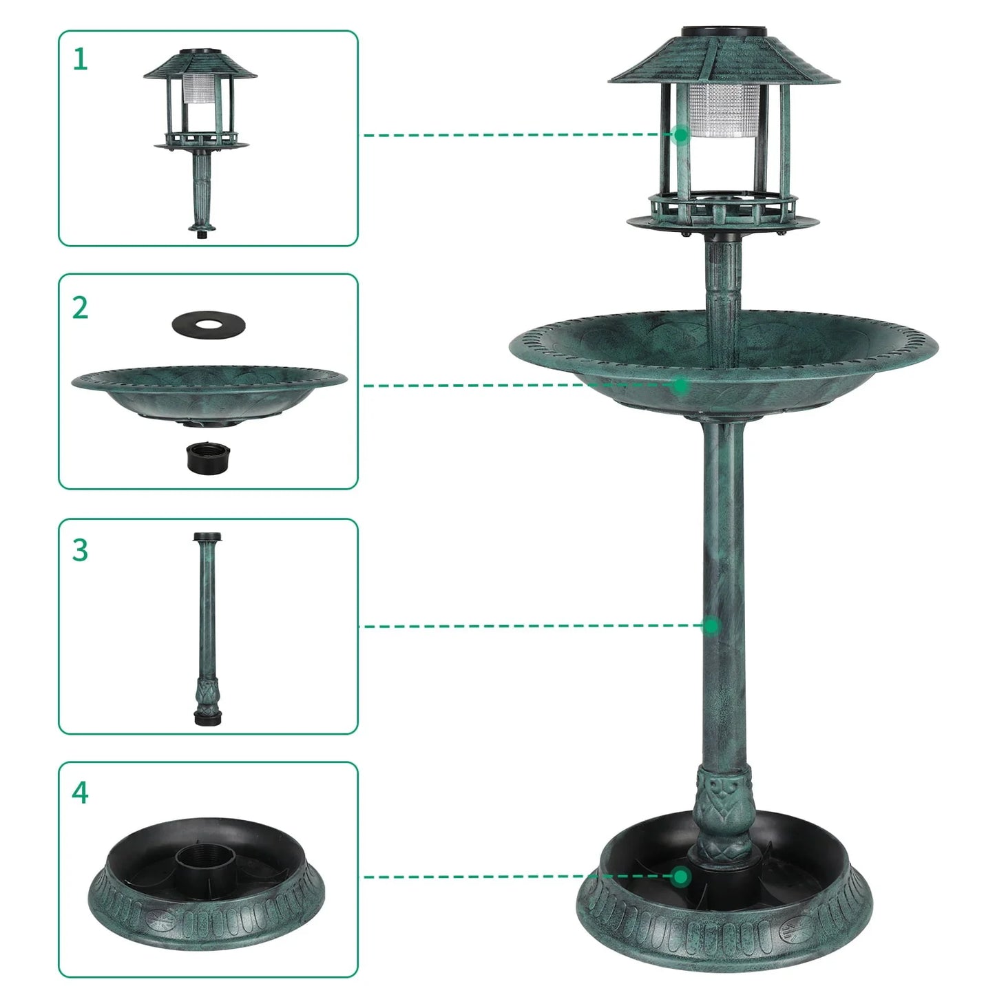 Ktaxon Wild Bird Bath Resin Pedestal Birdbaths with Solar Light Antique Sculpture Finish Garden Decor Dark Green