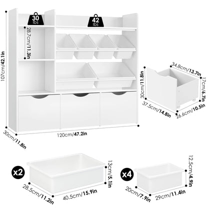 Homfa Kids Bookcase with 6 Storage Bins, Multi-Purpose Toy Organizers Bookshelf with 3 Drawers for Bedroom Nursery Playroom, White