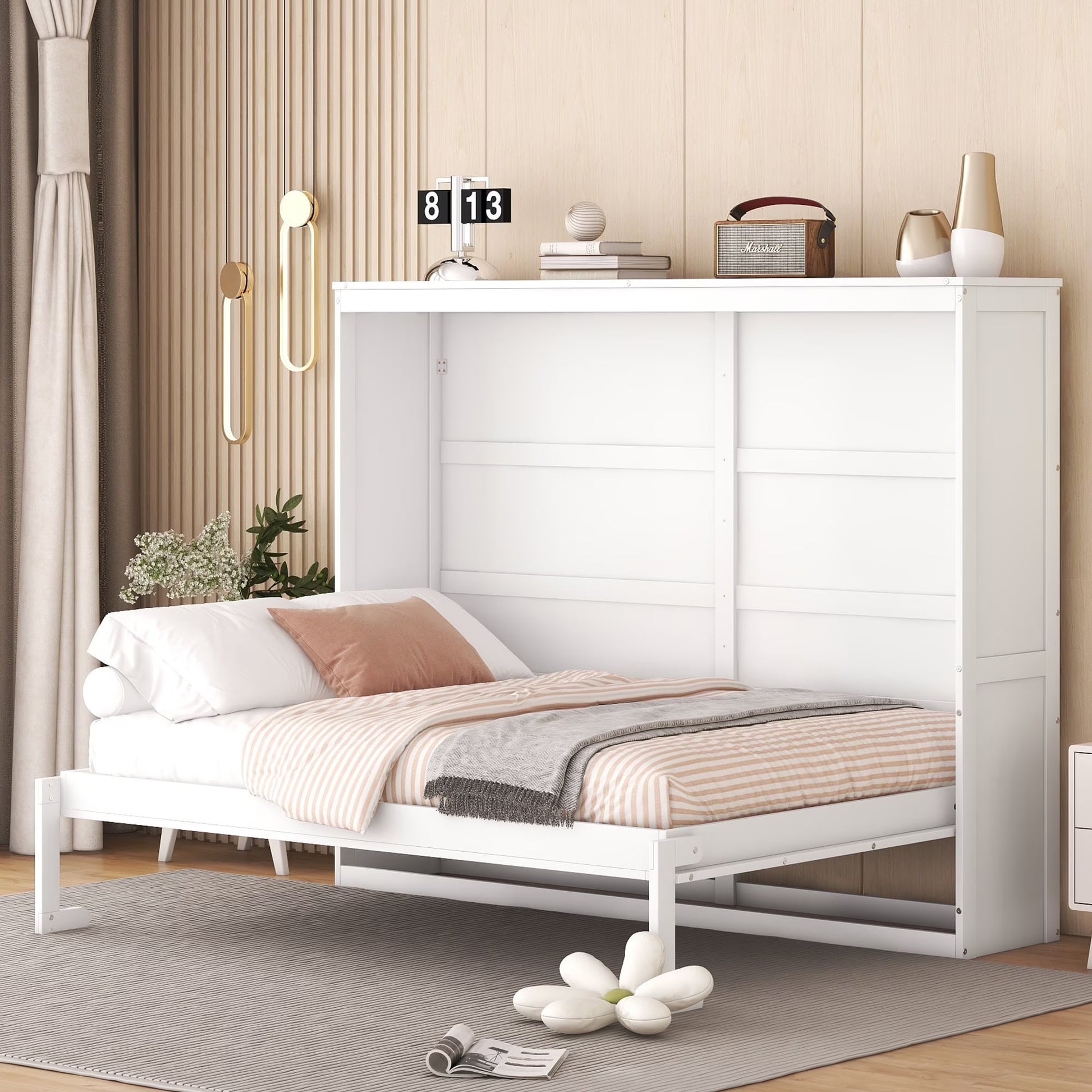 Harper & Bright Designs Full Size Murphy Bed Space-Saving Foldable Wooden Wall Bed with a Shelf for Guest Room Home Office, Gray