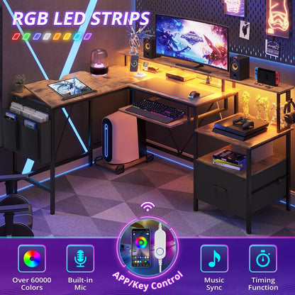 SEDETA L Shaped Gaming Desk, Led Reversible Corner Computer Desk with Power Outlet, Home Office Desk Drawer File Cabinet Keyboard Tray Storage Bag Monitor Stand CPU Stand,Brown
