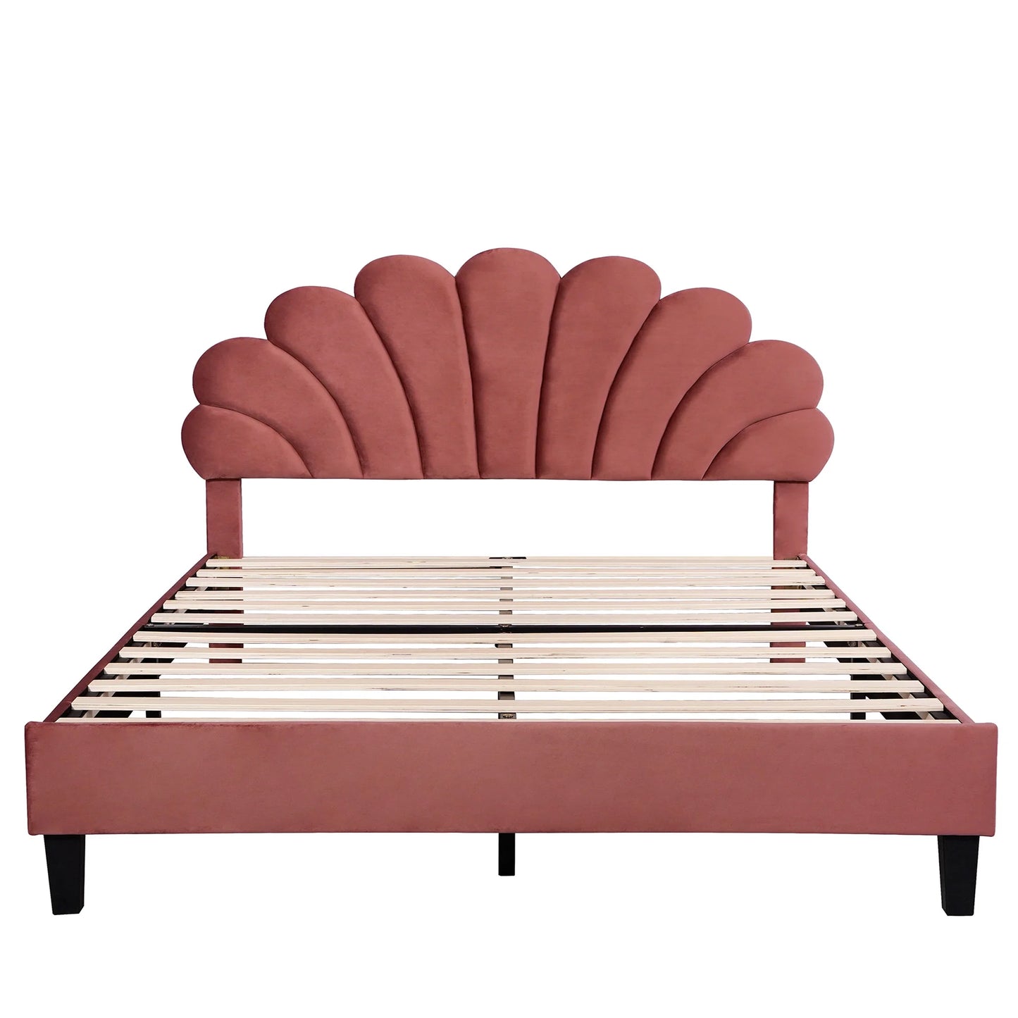 CITYLE Queen Size Upholstered Platform Bed with Flower Pattern Velvet Headboard, Queen Bed Frame for Kids and Adults, Bean Paste Red