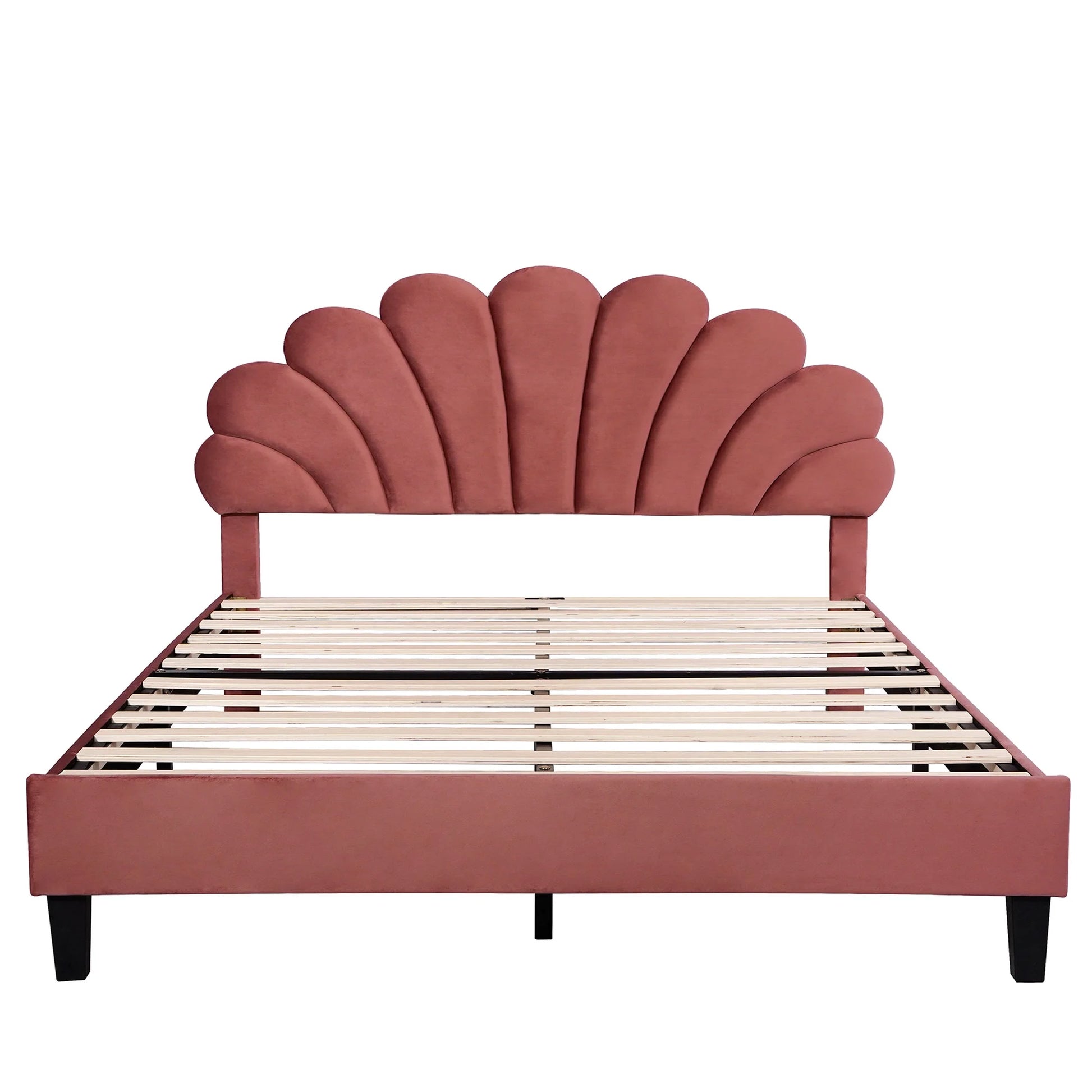 CITYLE Queen Size Upholstered Platform Bed with Flower Pattern Velvet Headboard, Queen Bed Frame for Kids and Adults, Bean Paste Red