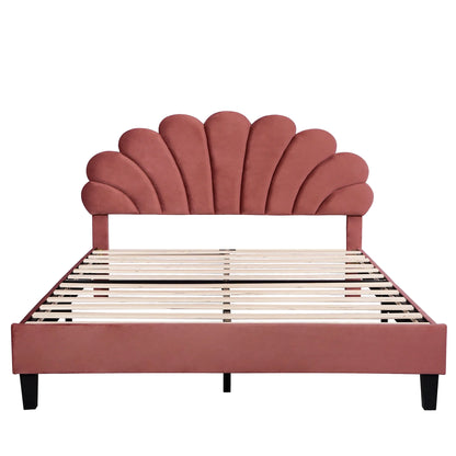 CITYLE Queen Size Upholstered Platform Bed with Flower Pattern Velvet Headboard, Queen Bed Frame for Kids and Adults, Bean Paste Red