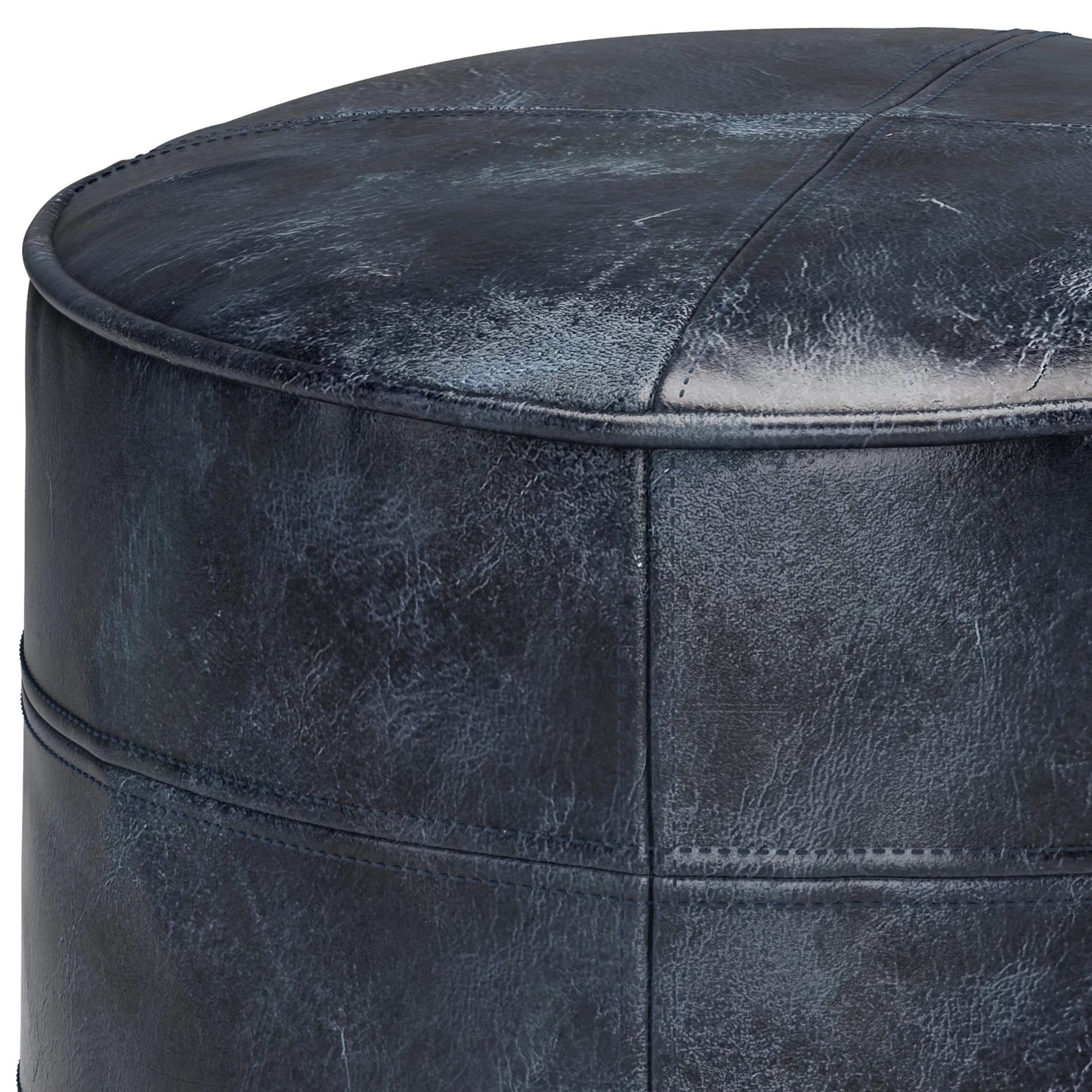Simpli Home Connor Boho Round Pouf in Navy Blue Genuine Leather