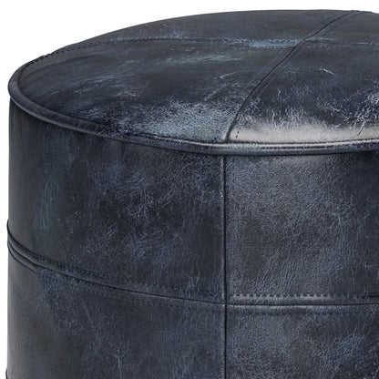 Simpli Home Connor Boho Round Pouf in Navy Blue Genuine Leather