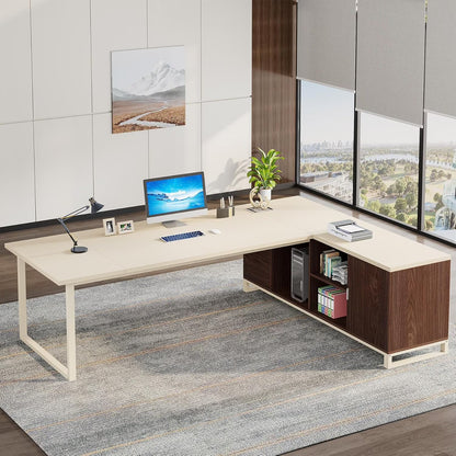 Tribesigns 70.8" L-Shaped Executive Desk with 55" File Cabinet, Modern L-Shaped Computer Desk with Storage Shelves and Cabinet for Home Office, Walnut White
