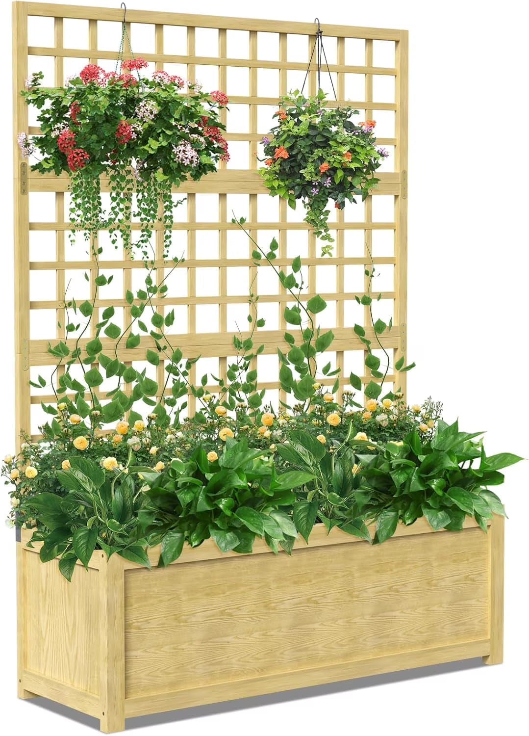 Slsy 63" Screen Raised Garden Bed, Wooden Planter Box with Hanging Roof & Drainage Holes, Indoor Outdoor Elevated Planter for Vine, Climbing Plants, Flowers, Patio & Garden