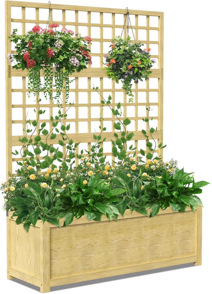 Slsy 63" Screen Raised Garden Bed, Wooden Planter Box with Hanging Roof & Drainage Holes, Indoor Outdoor Elevated Planter for Vine, Climbing Plants, Flowers, Patio & Garden