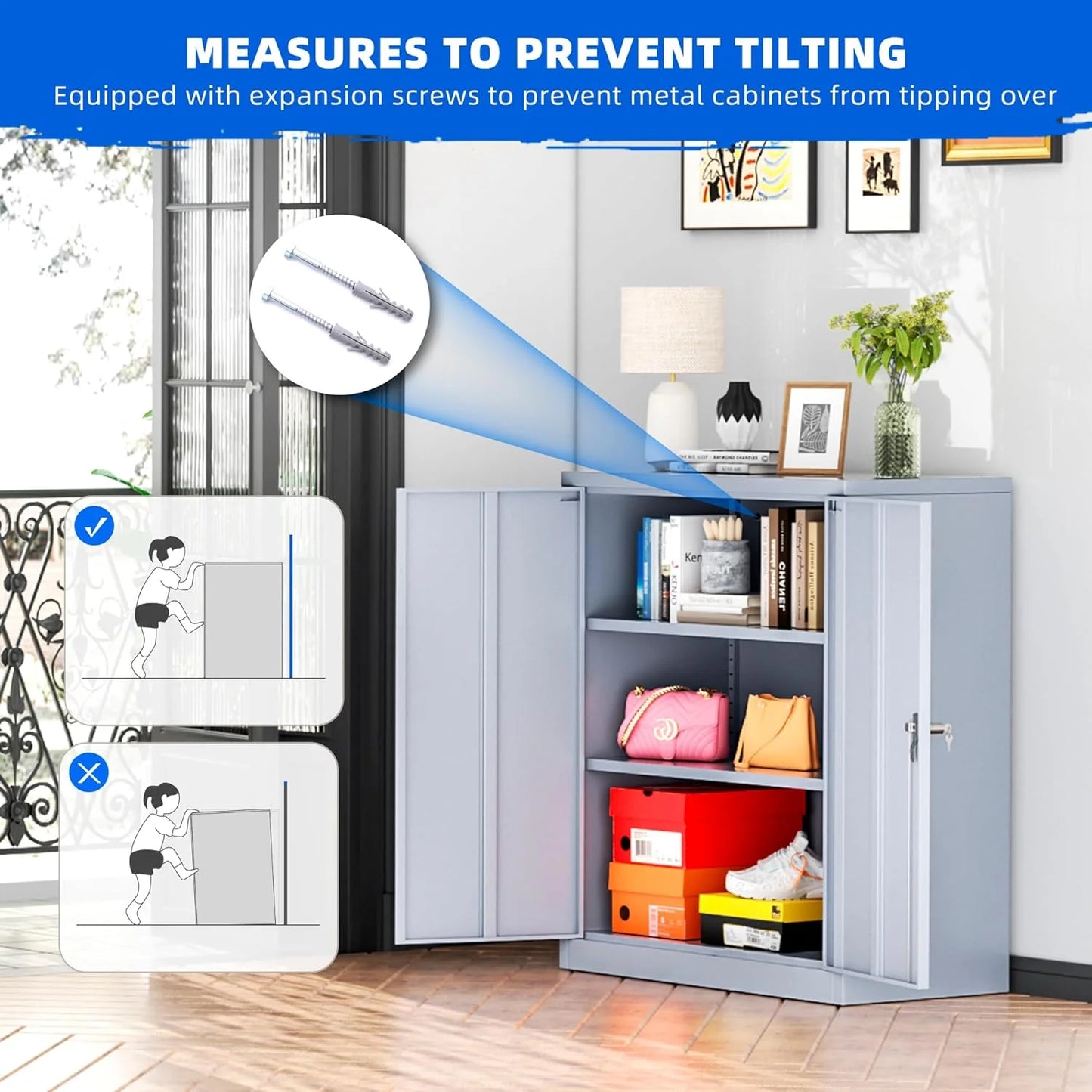 Superday Locking Metal Storage Cabinet with 2 Drawers, Lockable Garage Storage Cabinet with Locking Doors and Adjustable Shelves, Tool Cabinets for Home Office, School, Etc