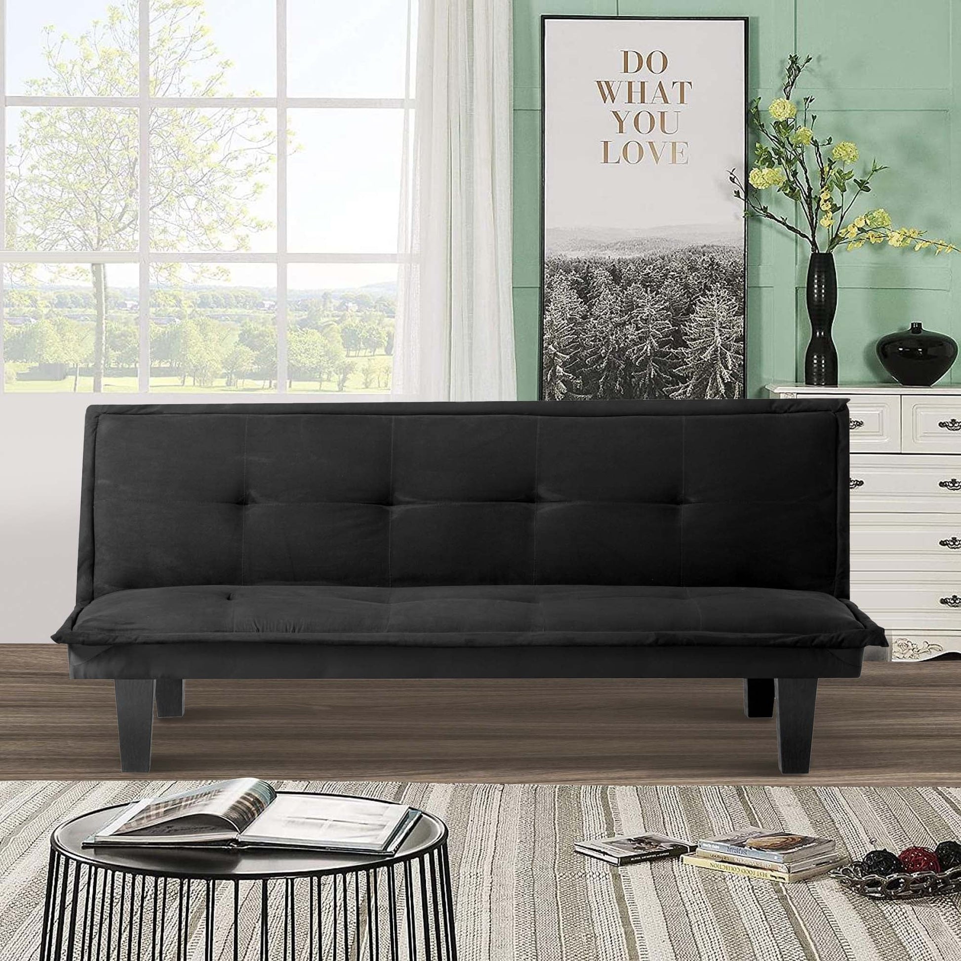 Aukfa Futon Convertible Sofa Bed for Home Office, Tufted Back, Faux Suede, Black