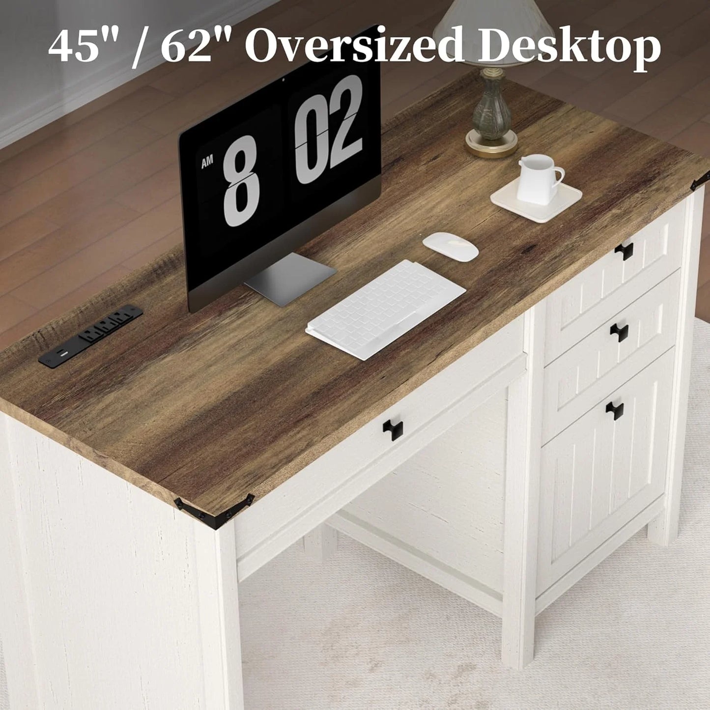 FIAKOA 45"Executive Desk, Modern Farmhouse Computer Desk with Drawers & Cabinet, White Home Office Desk Writing Workspace for Work Study