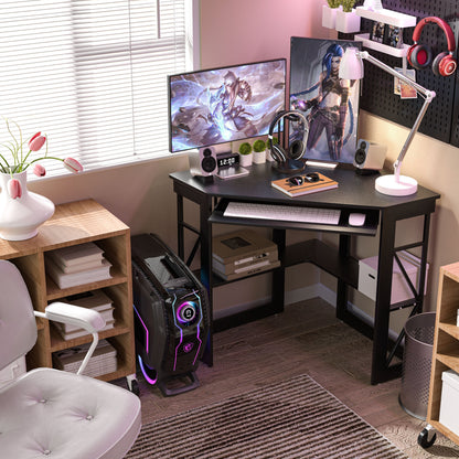 VECELO Corner Computer Desk with Keyboard Tray and Storage Shelf, Student Study Writting Table Workstation for College Dorm Apartment Home Office, Black (90 Degrees)