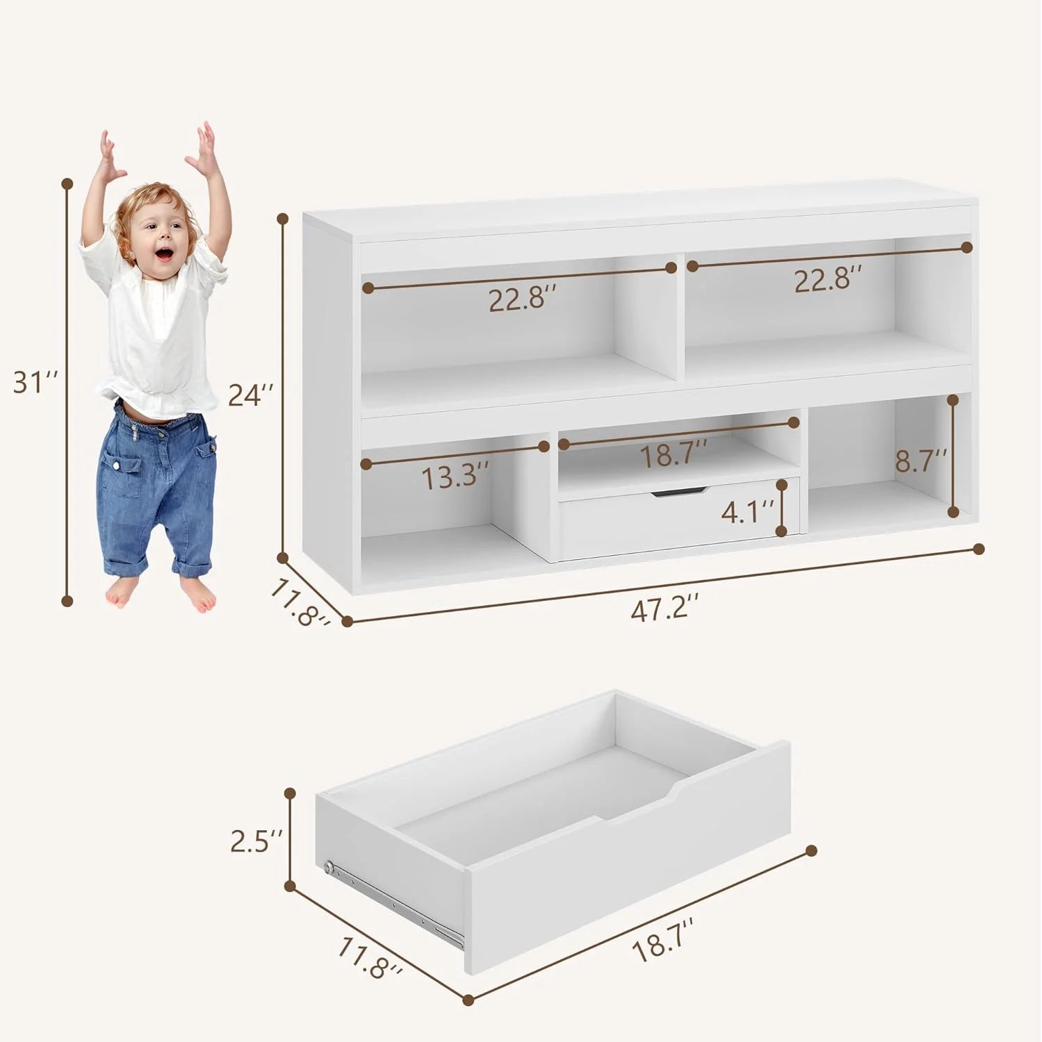 Kids Bookshelf with Drawer Nursery Bookcase Wooden Toy Storage Organizer Playhouse Storage Shelves White Book Shelf for Playroom, Classroom, Nursery, Kids Room
