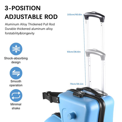 Unisex Ride-On Luggage, 20 Inch Portable Kids Travel Suitcase with Password Lock and Durable Wheels for Summer Camps and Sleepovers (Blue)