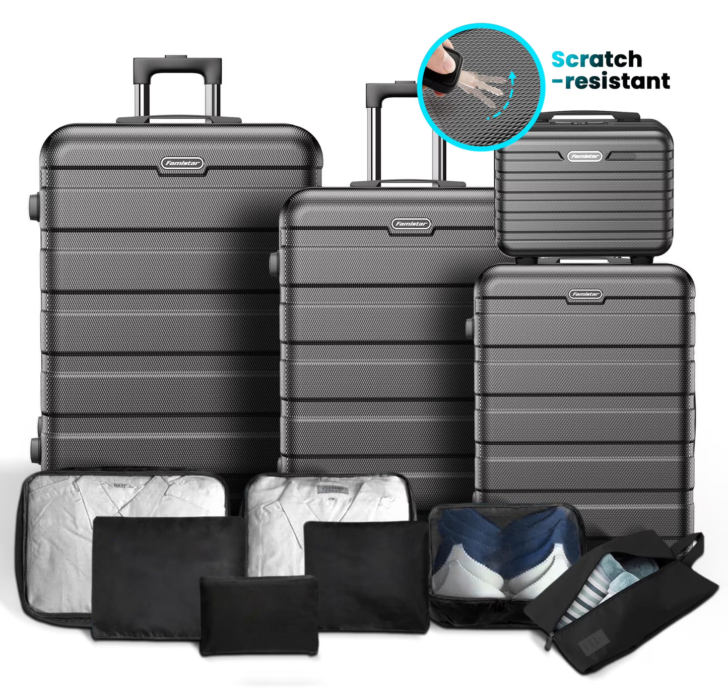 11Pcs Luggage Sets, ABS Hardshell Suitcase w/Dual 360° Spinner Wheels & TSA Lock, Lightweight Durable Hardside Carry on Luggage for Travel, Deep Black