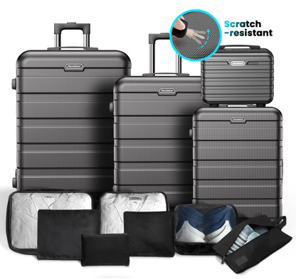 11Pcs Luggage Sets, ABS Hardshell Suitcase w/Dual 360° Spinner Wheels & TSA Lock, Lightweight Durable Hardside Carry on Luggage for Travel, Deep Black