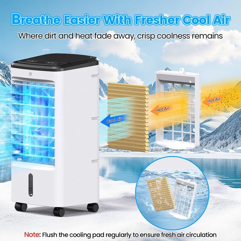 Windowless Air Conditioners, 4 In 1 Portable Swamp Cooler with 2 Water Tanks, Room Air Conditioner with 4 Ice Packs, Remote, 12H Timer, 3 Speeds 4 Modes, Ductless Cooler for Indoor Home Office
