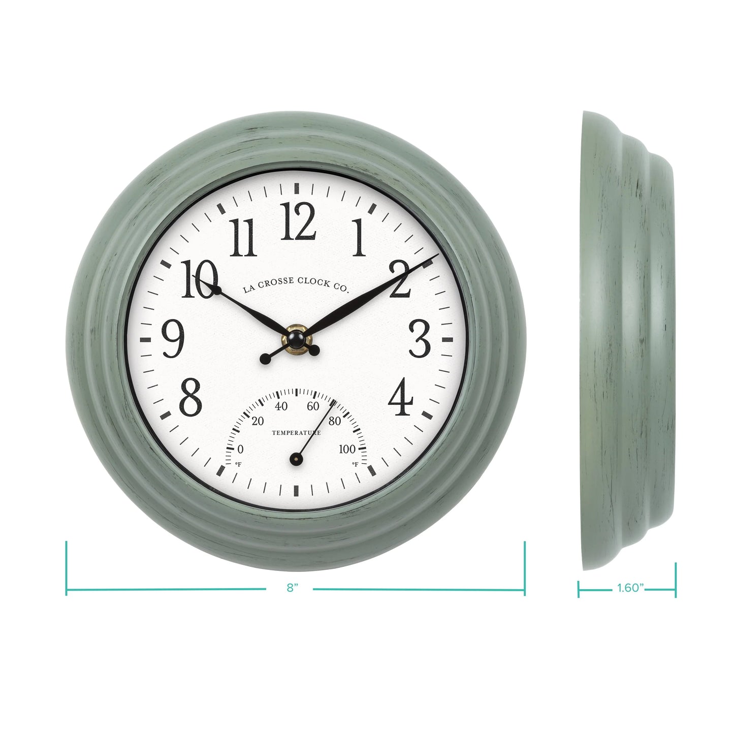 La Crosse 8" Sage Green Indoor/Outdoor Classic Quartz Analog Clock with Temp, 433-3020