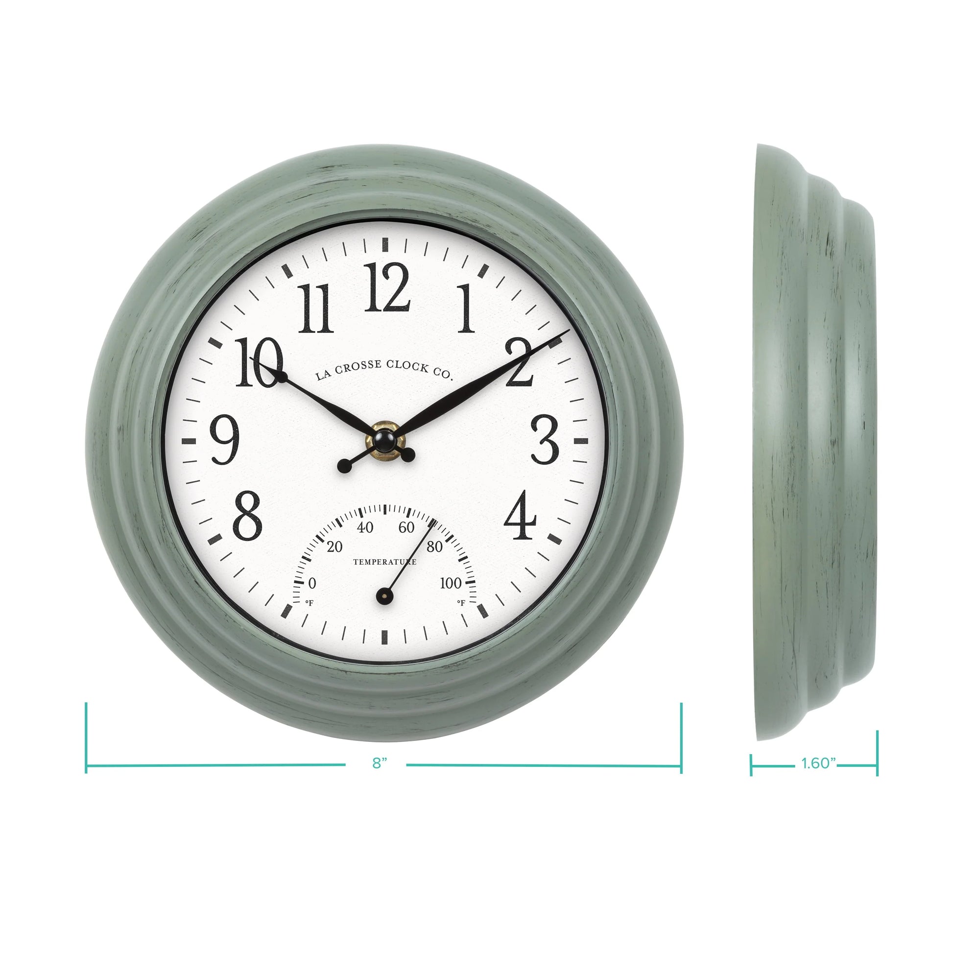 La Crosse 8" Sage Green Indoor/Outdoor Classic Quartz Analog Clock with Temp, 433-3020