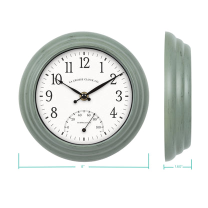 La Crosse 8" Sage Green Indoor/Outdoor Classic Quartz Analog Clock with Temp, 433-3020