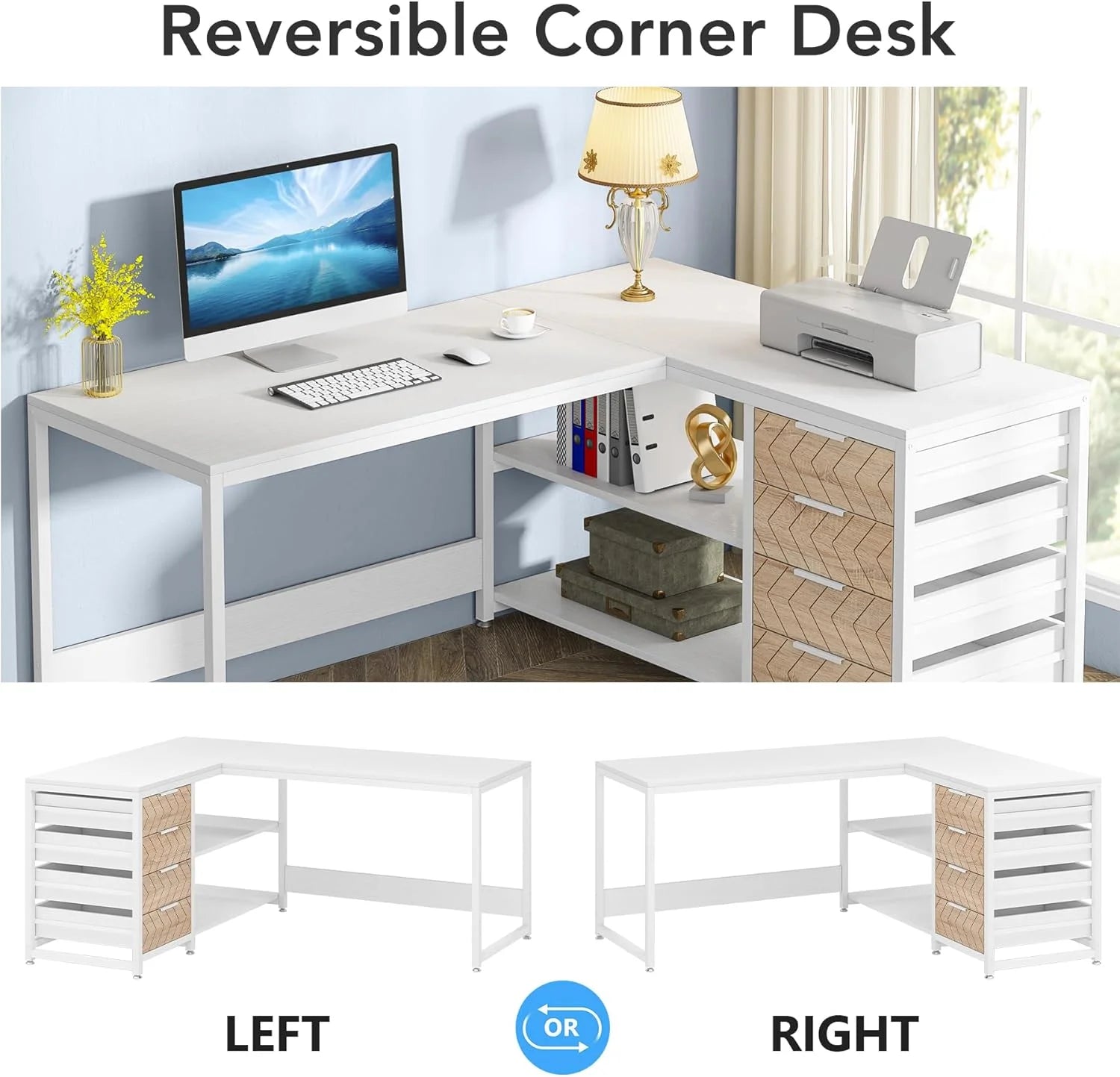 Tribesigns 59" L-Shaped Office Desk, Modern Reversible Computer Study Desk for Home Office, White