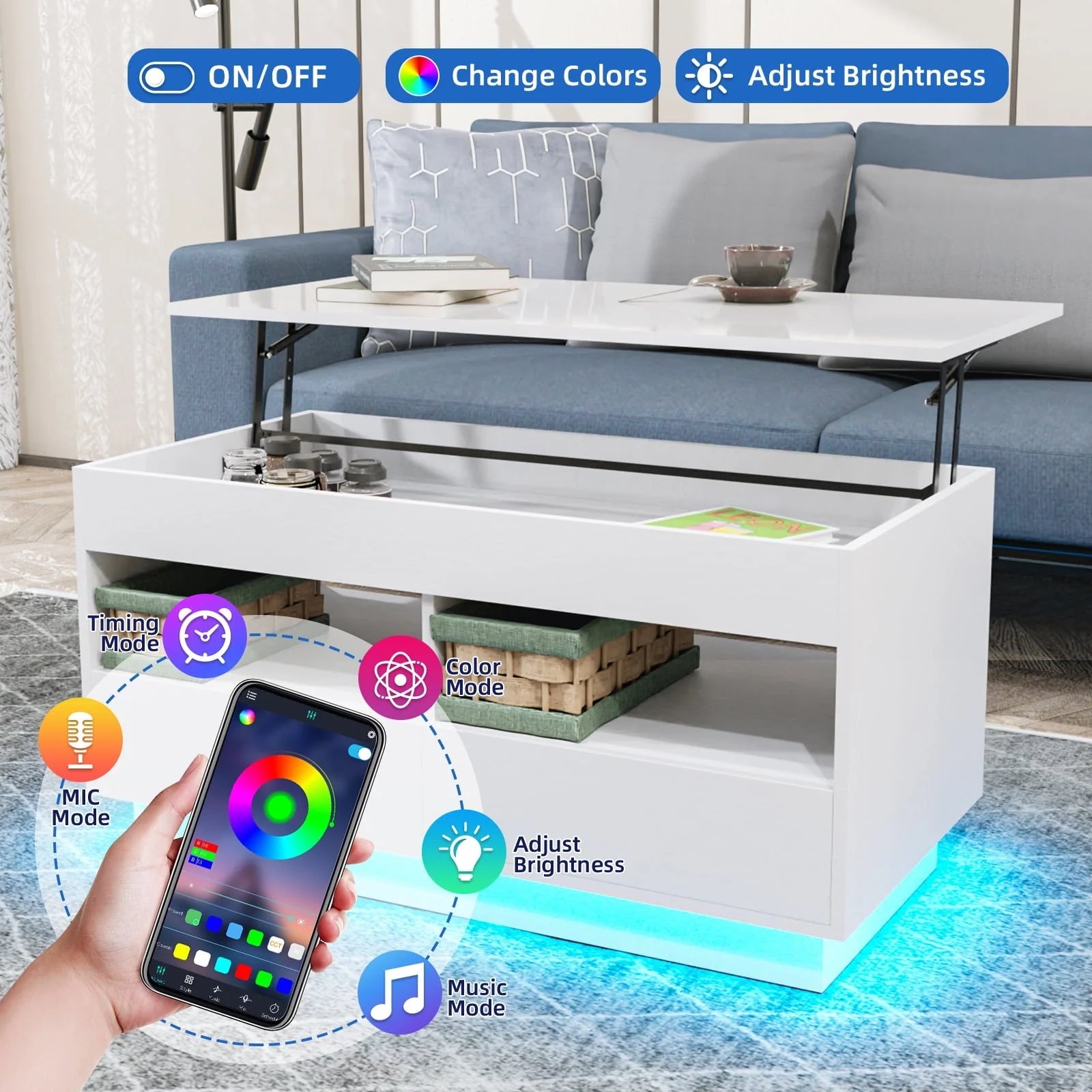 Hommpa Lift Top Coffee Table with 2 Drawers High Gloss Rectangle White Coffee Table with LED Lights and Hidden Storage for Living Room Home Office Center Cocktail Tables 25.19" Height