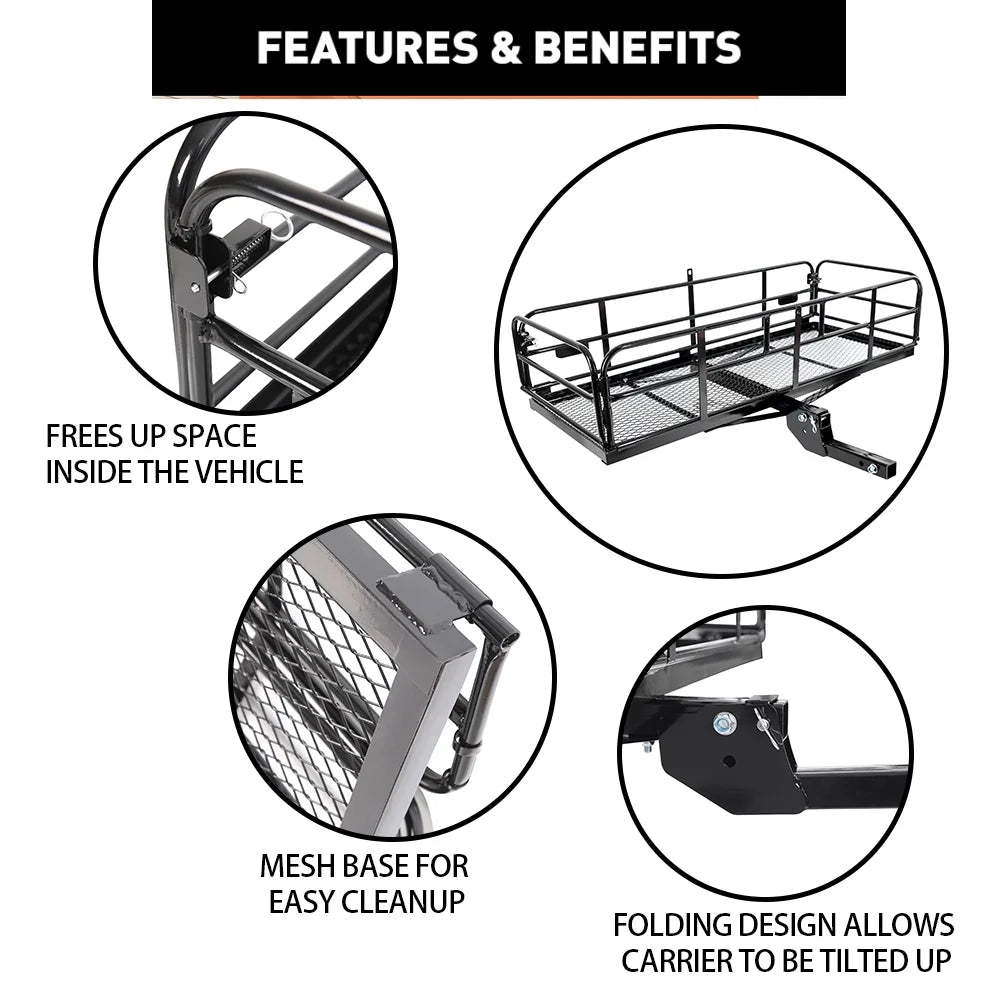 Kojem 500 Lbs Hitch Mount Cargo Carrier 60" x 24" x 14" Folding Cargo Rack Rear Luggage Basket Fits 2" Receiver for Car SUV Camping Traveling