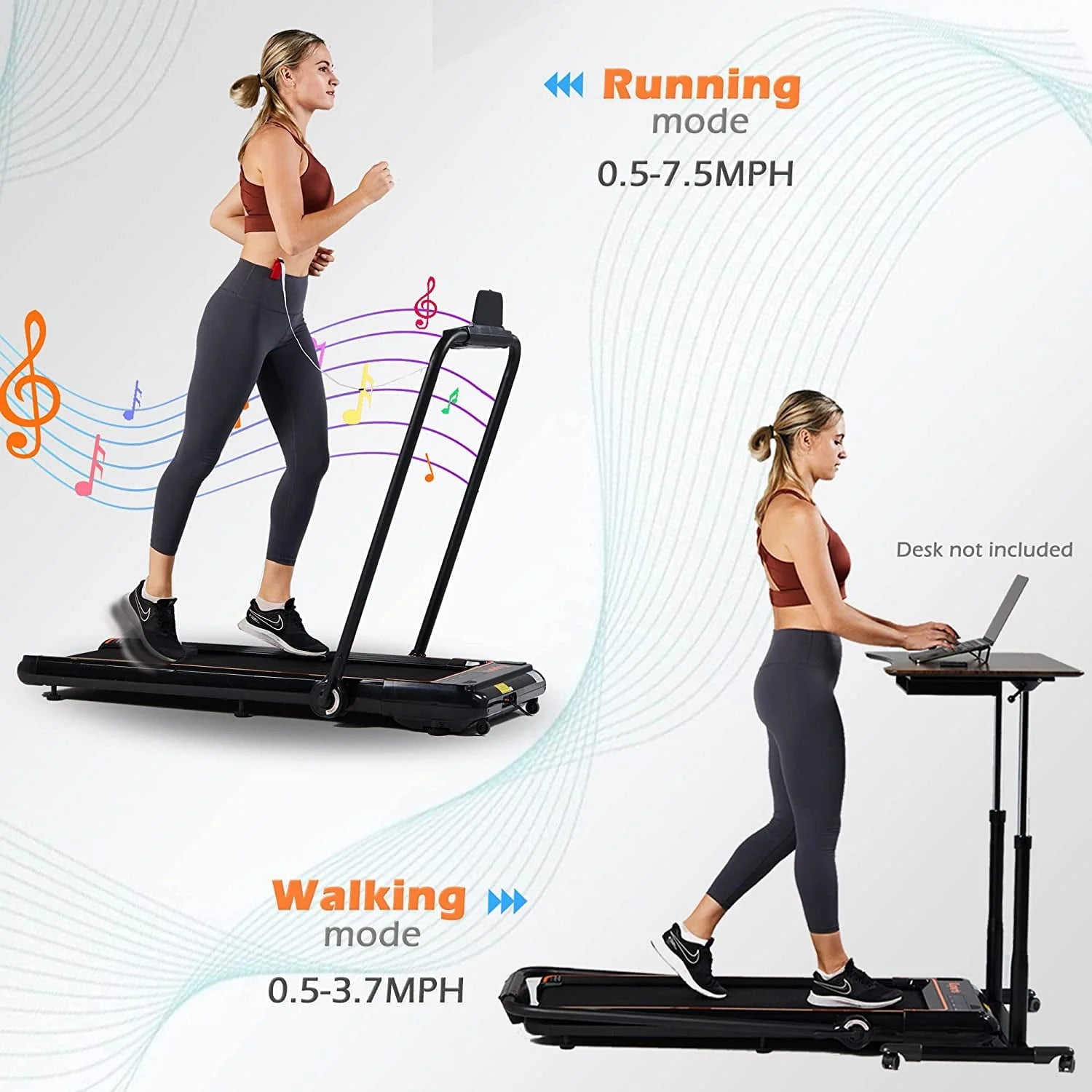 Ksports 3 in 1 Folding Treadmill, 2.25hp Under Desk Treadmill, Walking Pad, Installation & Lubricant-Free, Bluetooth Speaker, Fitshow App, 2 LED Display, Walking, Running & Sit Ups for Home Office Gym