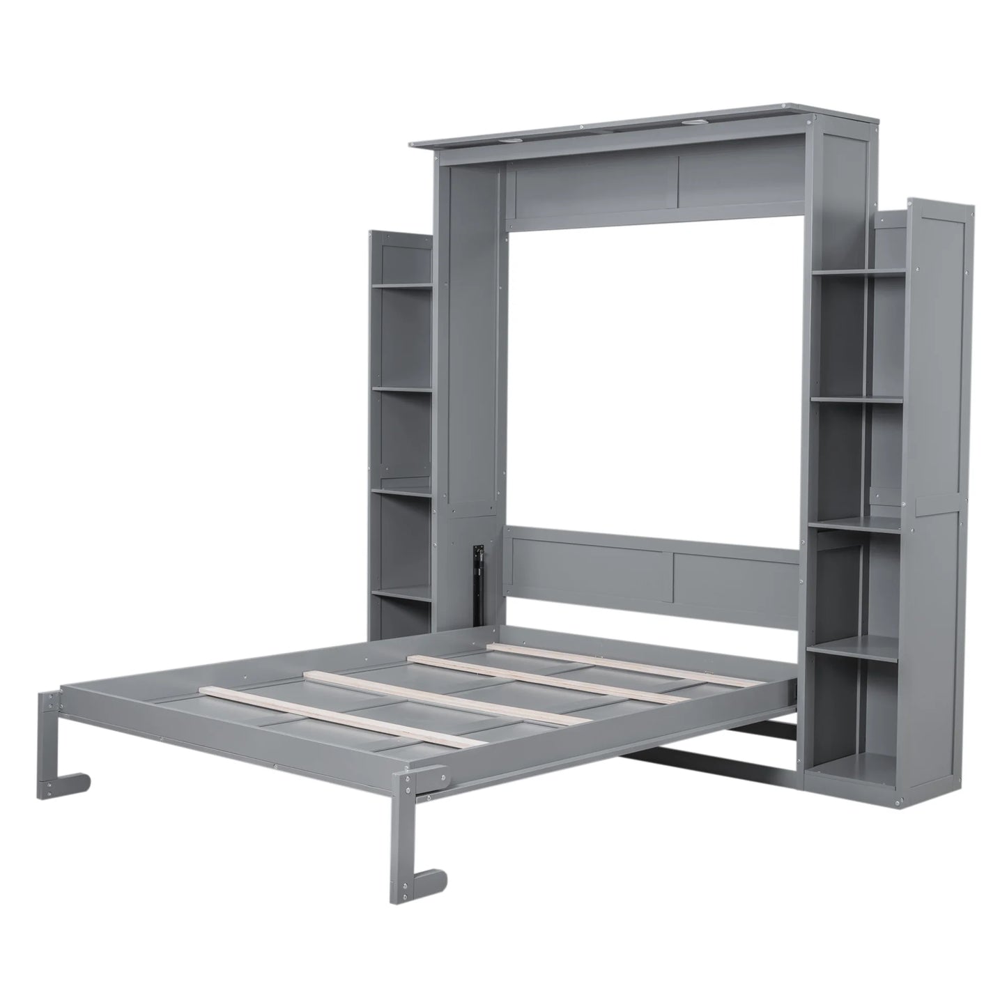 Aukfa Queen Size Murphy Bed with 5-Tier Storage Shelf & LED Lights, Foldable Wall Bed Cabinet with Mattress Support, Space-Saving Design for Guest Room/Home Office, Gray