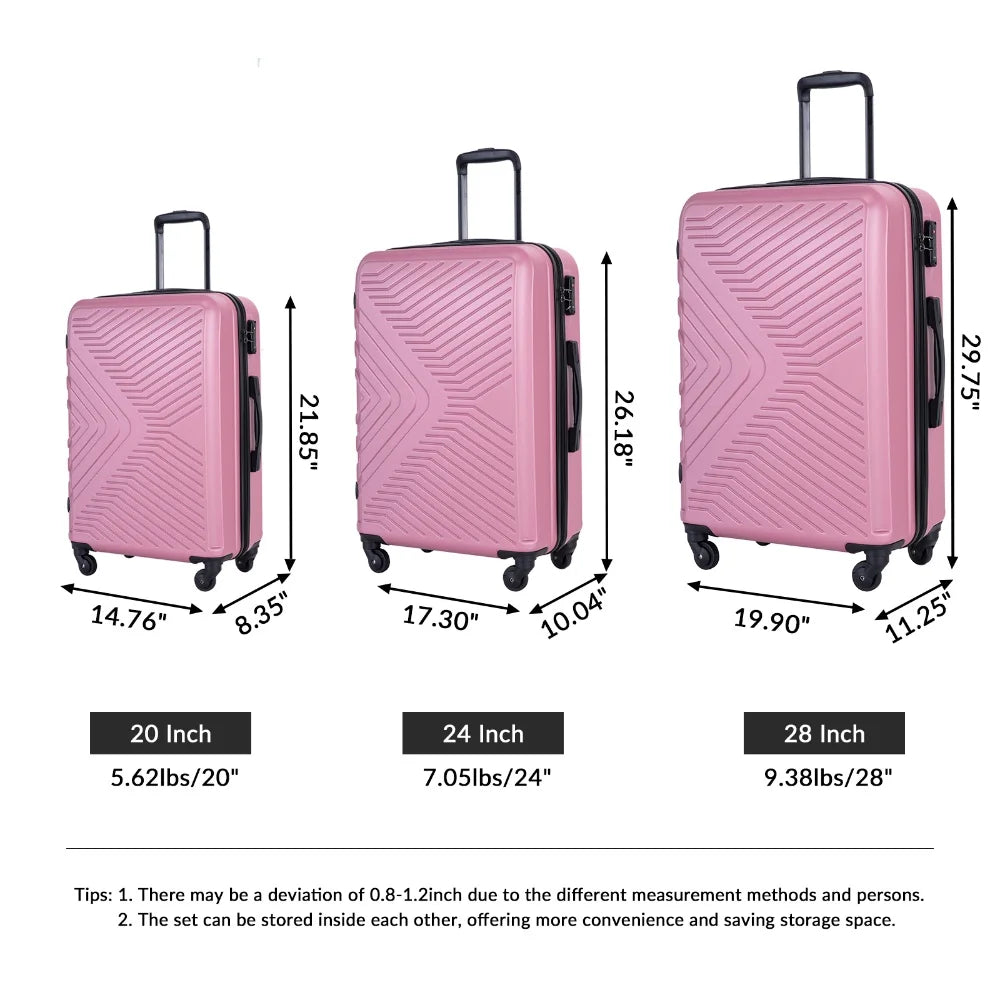 Yougu 3 Piece Hardshell Luggage Set Hardside Lightweight Suitcase with TSA Lock Spinner Wheels 20in 24in 28in,Pink