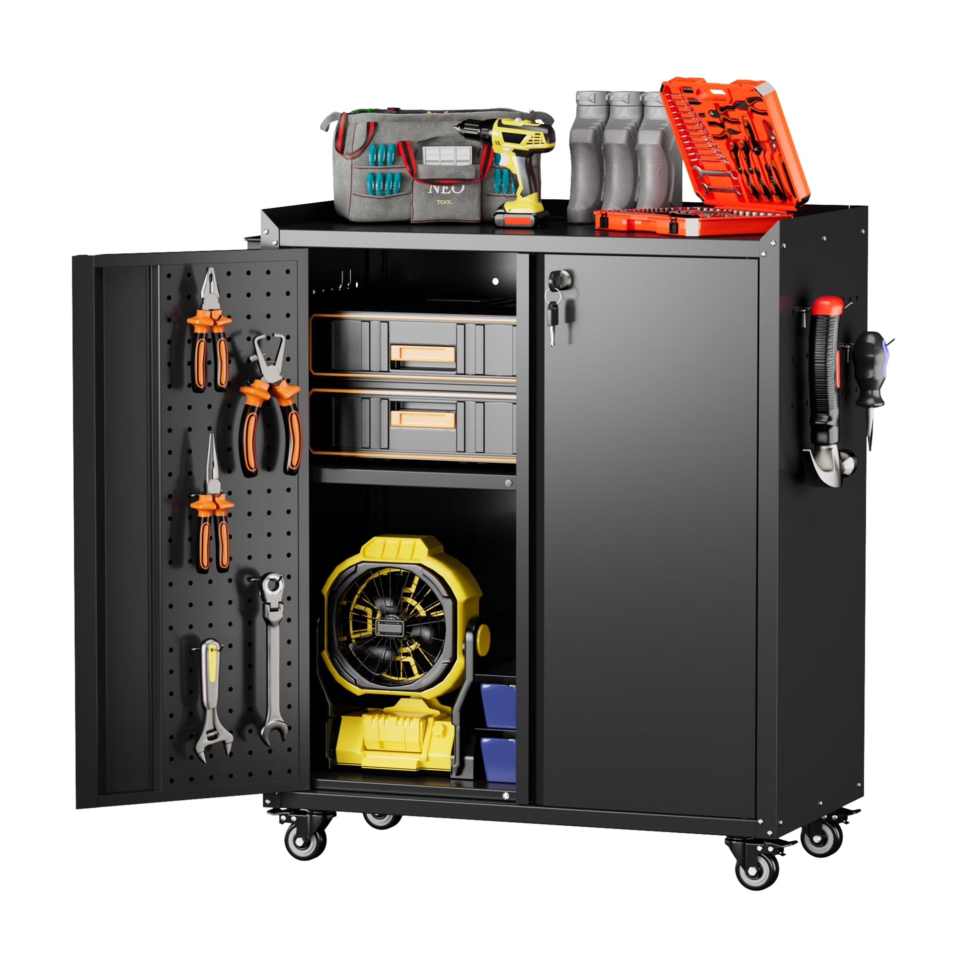 Gaeanet Rolling Tool Storage Cabinet with 5 Adjustable Shelves and Pegboard,Metal Garage Storage Cabinet with Wheels for Garage Home Office Utility Room,71" H32" W16" D,Required Assembly, Black