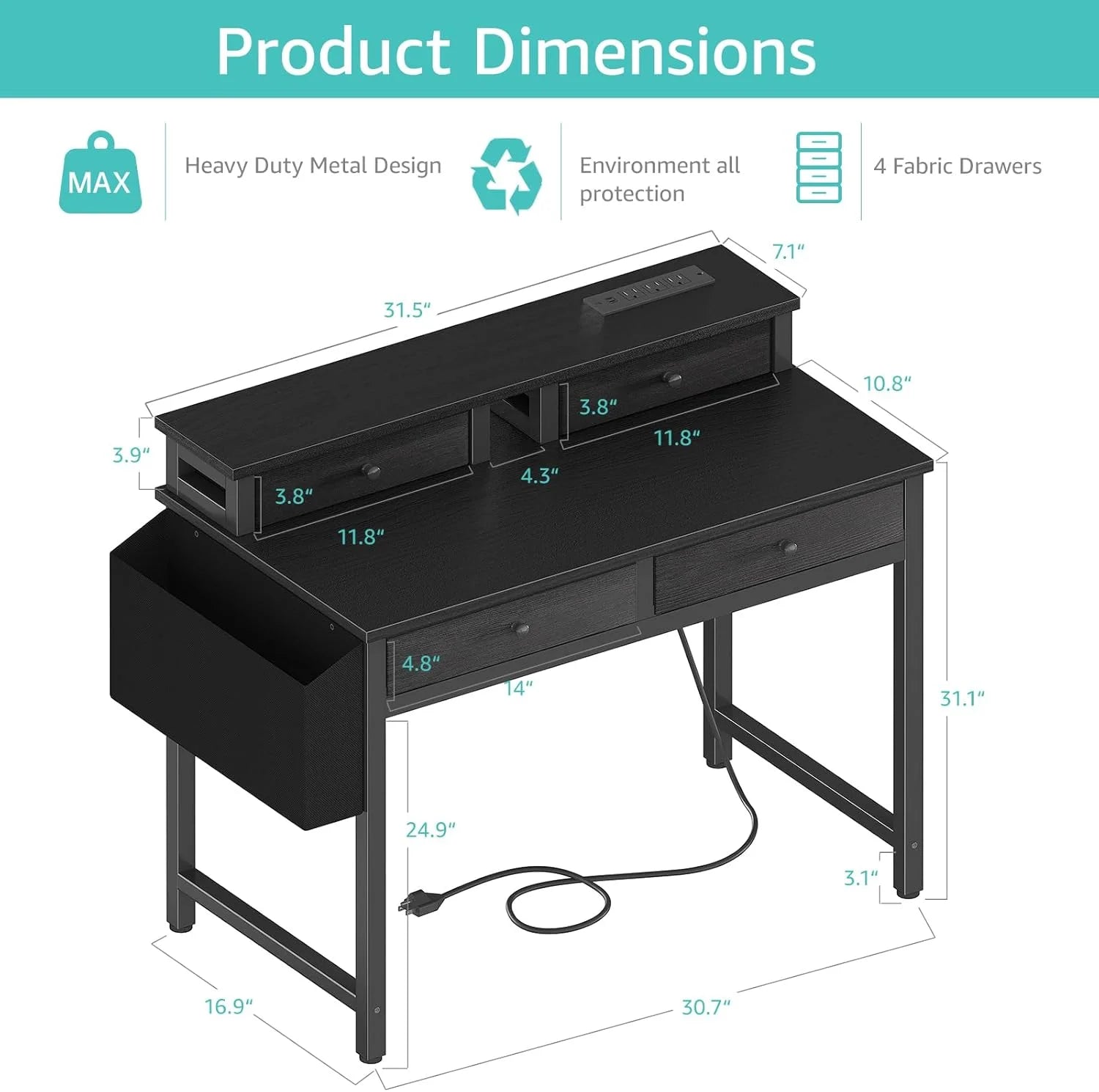 Small Desk with Drawers for Home Office Bedroom, 31 inch Black Writing Study Desks with Fabric Drawers Storage, Gaming Desk Table with Power Outlet & Monitor Stand, Black